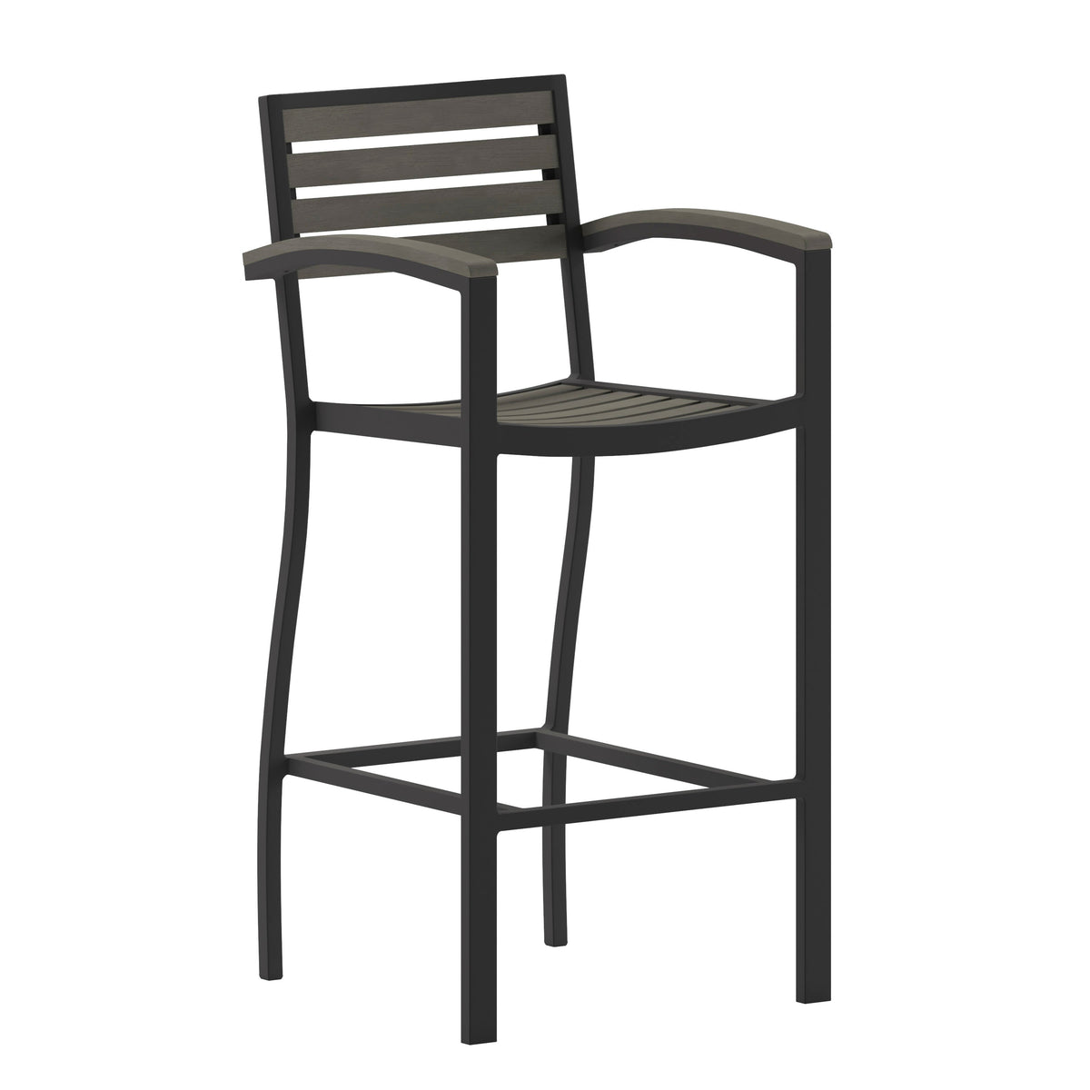 Flash Furniture XU-DG-HW6036B-ARM-GY-GG Commercial Grade Outdoor Bar Stool with Armrests and Poly Resin Slats-Gray Wash - Main view