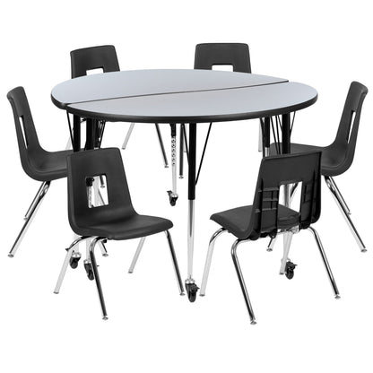 Flash Furniture XU-GRP-16CH-A48-HCIRC-GY-T-A-CAS-GG Mobile 47.5" Circle Wave Activity Table Set-16" Student Stack Chairs, Grey/Black (Grey Top/Black Frame) - Main view