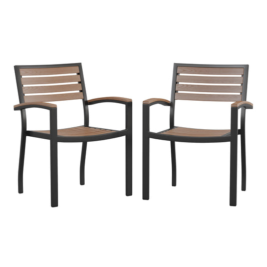 Flash Furniture 2-XU-DG-HW6006-GG Set of 2 Stackable All-Weather Black Aluminum Patio Chairs with Faux Teak Slats - Main view