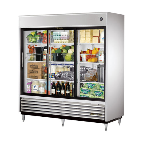 True TSD-69G-HC-LD 78 1/8" 3 Section Glass Door Reach-In Refrigerator